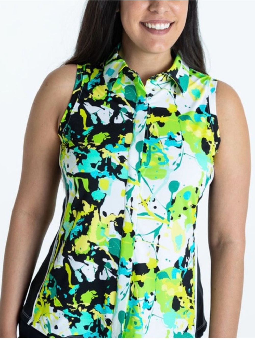 Kinona Sleeveless Button-Front Top in Lime, Aqua & Black Splash